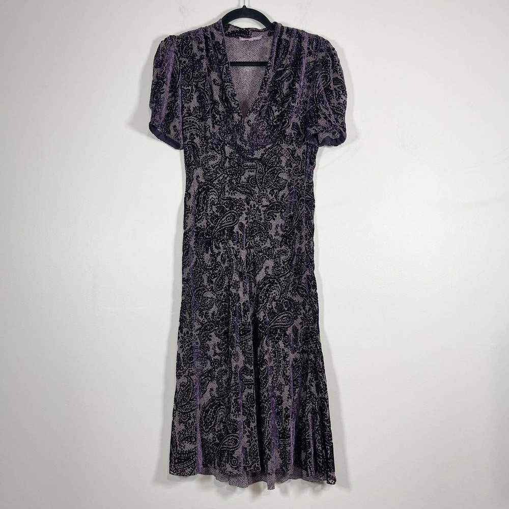 Vivienne Tam Velvet Cocktail‎ Dress Womens 2 Purple Paisley Semi-Sheer Fit Flare
